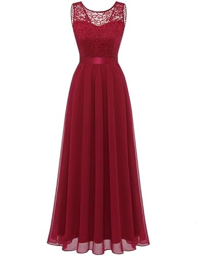 Berylove Damen Abendkleid Elegant Cocktailkleid Lang Brautjunferkleid Chiffon Spitzen Kleid Hochzeit Party Dunkelrot BLP7025 DarkRed XS von Berylove