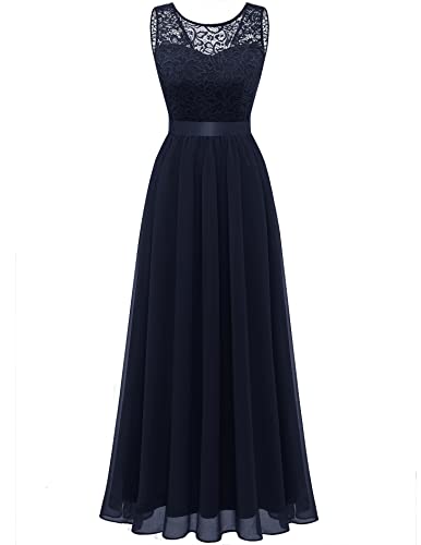 Berylove Damen Abendkleid Elegant Cocktailkleid Lang Brautjunferkleid Chiffon Spitzen Kleid Hochzeit Party Marineblau BLP7025 Navy 2XL von Berylove