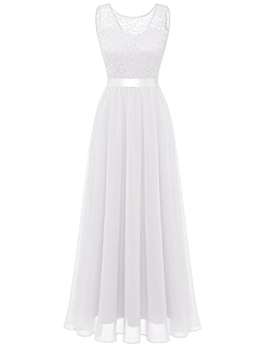 Berylove Damen Abendkleid Elegant Cocktailkleid Lang Brautjunferkleid Chiffon Spitzen Kleid Hochzeit Party Weiß BLP7025 White 2XL von Berylove