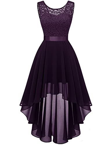 Berylove Damen Abendkleid Elegant Spitzenkleid Vokuhila Cocktailkleid Ärmellos Chiffon Brautjungfer Kleid Traube BLP7035 Grape L von Berylove