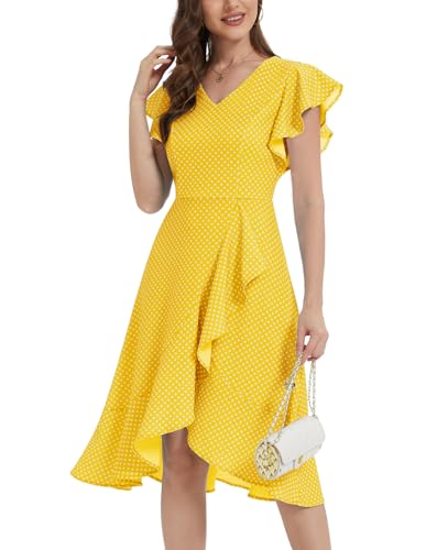 Berylove Kleid Hochzeitsgast Damen Damen Vintage 50er Punkt Fledermausärmel Rüschensaum Rockabilly Cocktailkleid BLP7059 YellowSmallWhiteDot 2XL von Berylove