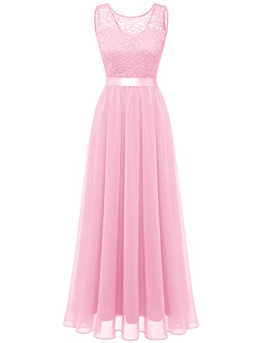 Berylove Damen Kleid Lang Elegant für Hochzeit Chiffon Abendkleid Abschlusskleid Cocktailkleid Spitze Rosa BLP7025 Pink 2XL von Berylove