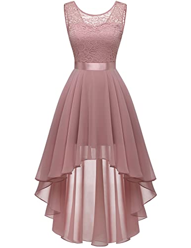 Berylove Damen Kleid Vokuhila Elegant Spitzenkleid Cocktailkleid Hochzeitskleid Ärmellos Abendparty Chiffon Abendkleid A Linie Brautjungfernkleid BLP7035 Blush 2XL von Berylove