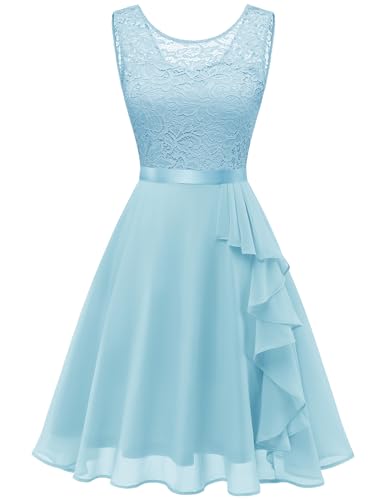 Berylove Damen Spitze Abendkleid Jugendweihe Kleider Festliche Cocktailkleider für Hochzeit 7052 Lightblue XL von Berylove