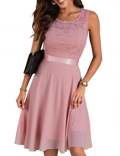 Berylove Damen Spitzenkleid Brautjungfer Elegant Party Knielang Cocktailkleid Chiffon Ärmellos BLP7005 B-Blush 3XL von Berylove