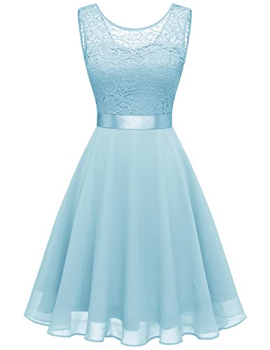 Berylove Damen Spitzenkleid Brautjungfer Elegant Party Knielang Cocktailkleid Chiffon Ärmellos BLP7005 B-Light Blue 2XL von Berylove