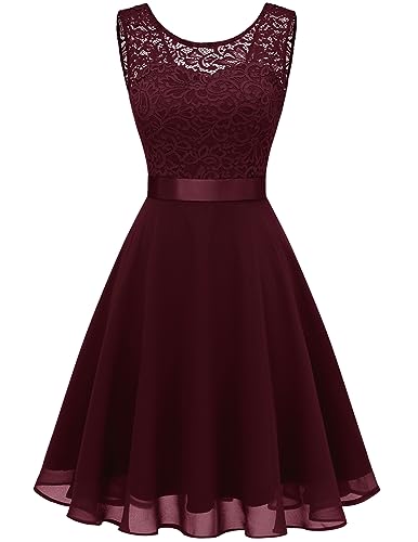 Berylove Damen Spitzenkleid Brautjungfer Elegant Party Knielang Cocktailkleid Chiffon Ärmellos BLP7005B-BurgundyM von Berylove