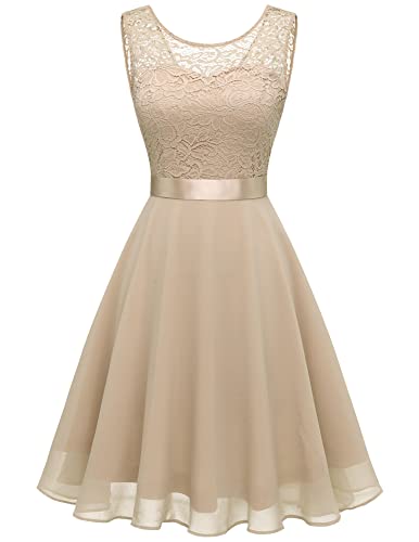 Berylove Damen Spitzenkleid Brautjungfer Elegant Party Knielang Cocktailkleid Chiffon Ärmellos BLP7005B-Champagne2XL von Berylove