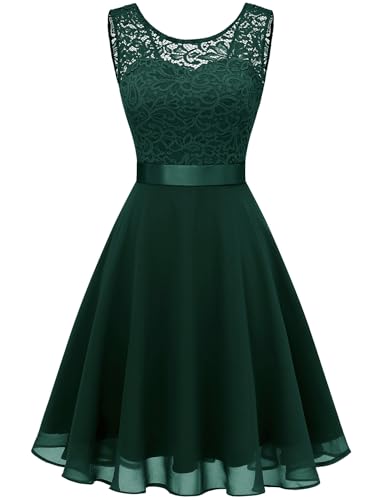 Berylove Damen Spitzenkleid Brautjungfer Elegant Party Knielang Cocktailkleid Chiffon Ärmellos BLP7005B-DarkGreenM von Berylove