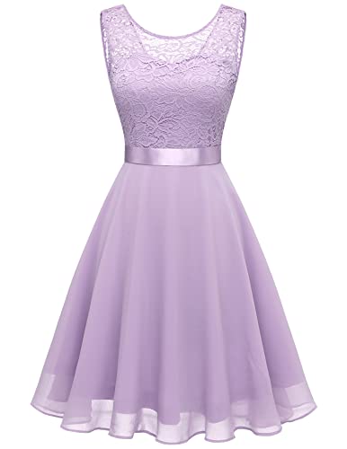 Berylove Damen Spitzenkleid Brautjungfer Elegant Party Knielang Cocktailkleid Chiffon Ärmellos BLP7005B-LavenderL von Berylove