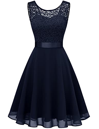 Berylove Damen Spitzenkleid Brautjungfer Elegant Party Knielang Cocktailkleid Chiffon Ärmellos BLP7005B-NavyM von Berylove