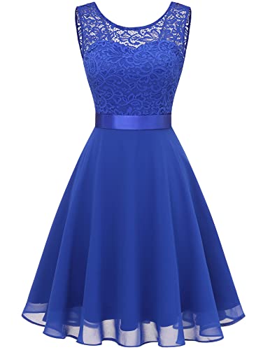 Berylove Damen Spitzenkleid Brautjungfer Elegant Party Knielang Cocktailkleid Chiffon Ärmellos BLP7005B-RoyalBlue-M von Berylove