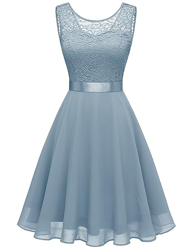 Berylove Damen Spitzenkleid Cocktailkleid Kurzes Konfirmationskleid Floral Spitze Festlich Brautjungfernkleider BLP7005NC Grey Blue 2XL von Berylove