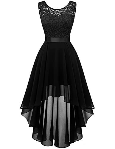 Berylove Damen Spitzenkleid Elegant Vokuhila Cocktailkleid Ärmellos Abendkleid Chiffon Brautjungfer Kleid BLP7035 Black L von Berylove