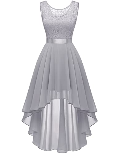 Berylove Bridesmaids Damen Spitzenkleid Elegant Vokuhila Konfirmationskleid Cocktailkleid Ärmellos Abendkleid Chiffon Brautjungfer Kleid BLP7035 Grey M von Berylove