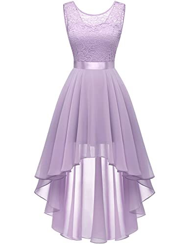 Berylove Damen Spitzenkleid Elegant Vokuhila Cocktailkleid Ärmellos Abendkleid Chiffon Brautjungfer Kleid BLP7035 Lavender XL von Berylove