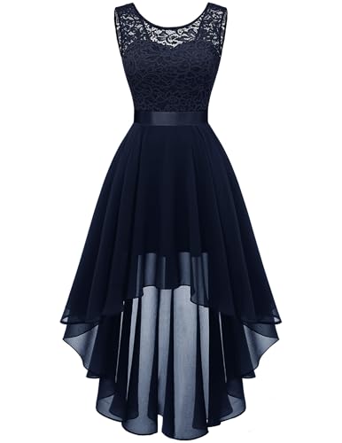Berylove Damen Spitzenkleid Elegant Vokuhila Kleid Cocktailkleid Ärmellos Abendkleid Chiffon Brautjungfer Kleid Kleid A Linie BLP7035 Navy 3XL von Berylove