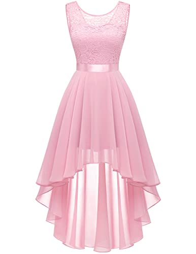 Berylove Damen Spitzenkleid Elegant Vokuhila Cocktailkleid Ärmellos Abendkleid Chiffon Brautjungfer Kleid BLP7035 Pink 2XL von Berylove