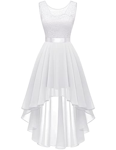 Berylove Damen Spitzenkleid Hochzeitskleid Elegant Vokuhila Cocktailkleid Ärmellos Abendkleid Trauzeugin Kleid Brautjungfer Kleid Weiß BLP7035 White XS von Berylove
