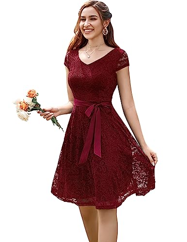 Berylove Damen V-Ausschnitt Kurz Brautjungfer Kleid Cocktail Party Floral Kleid BLP7006DarkRed3XL von Berylove