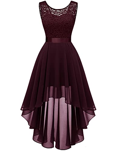 Berylove Damen Vokuhila Cocktailkleid Spitzenkleid Elegant Ärmellos Abendkleid Chiffon Brautjungfer Kleid Burgund BLP7035 Burgundy 2XL von Berylove