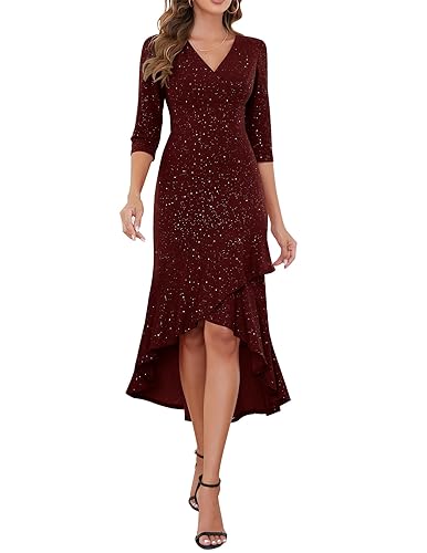 Berylove Brautjungfernkleider Lang Kleid Festlich Lang Abendkleider Elegant Für Hochzeit Glitzer Langarm Kleider BLP7065 DarkRed XL von Berylove