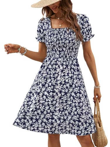 Berydress Damen-Sommerkleider mit Taschen, kurzärmelig, quadratischer Ausschnitt, fließend, A-Linie, lässig, Boho, gesmokt, Mini-Sonnenkleid, Marineblaue Blume, Klein Berydress Damen-Sommerkleider mit Taschen, kurzärmelig, quadratischer Ausschnitt, fließend, A-Linie, lässig, Boho, gesmokt, Mini-Sonnenkleid, Marineblaue Blume, Klein von Berydress