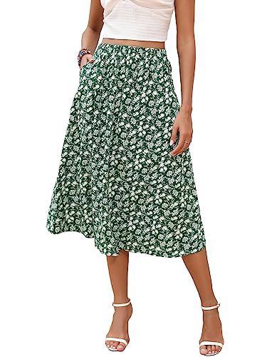 Berydress Röcke für Damen, elastische Taille, lässig, fließend, schwingend, A-Linie, Boho-Druck, floraler Midi-Röcke mit Taschen, Grünes Blumenmuster, X-Groß von Berydress