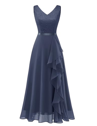 Berylove Abendkleid Damen Lang Elegant Swing Kleid Damen Hochzeitskleider Für Damen Hochzeitsgast Kleid Damen Vokuhila Kleid Abiballkleider Lang BLP7082 GrayishPurple L von Berylove