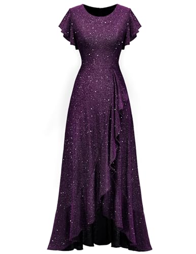 Berylove Pailletten Kleid Damen Lange Hochzeitsgast Kleid Damen Abendkleider Mit Ärmel Damenkleider Festlich Vokuhila Kleid Abendkleider Meerjungfrau S007 Purple 2XL von Berylove