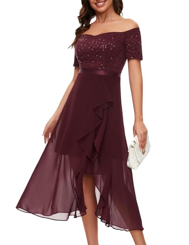 Berylove Abendkleider Elegant für Hochzeit Brautjungfernkleider Kleid für Hochzeitsgäste Off Shoulder Kleid Elegant Pailletten BLP7085 Burgundy 2XL von Berylove