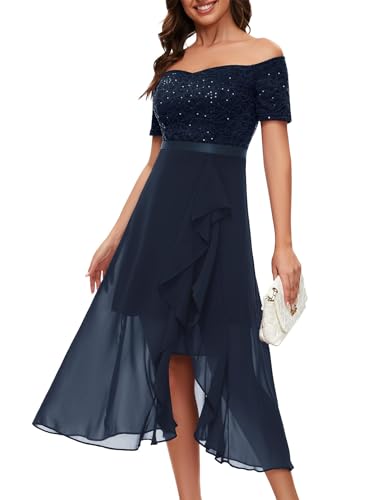 Berylove Abendkleider Glitzer Lang Kleider Hochzeitsgast Damen Vokuhila Kleid Brautmutterkleider Ballkleid Lang Chiffon Kleider BLP7085 Navy S von Berylove