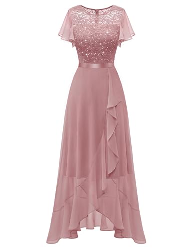 Berylove Ballkleid Lang Paillettenkleid Bridesmaids Chiffonkleid Damen Festlich Spitzenkleid Damen Kleid A Linie Damen Festlich Abendkleid Mit Schlitz 7051XP Blush XXL von Berylove