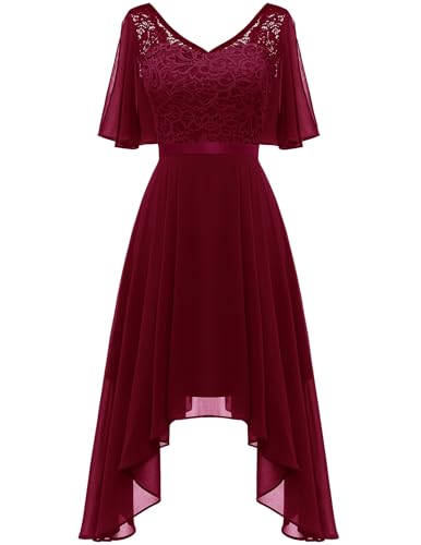 Berylove Cocktailkleid Damen Elegant Für Hochzeit Brautjungfernkleider Kurz V Ausschnitt Spitzenkleider Abschlusskleider BLP7057 DarkRed L von Berylove