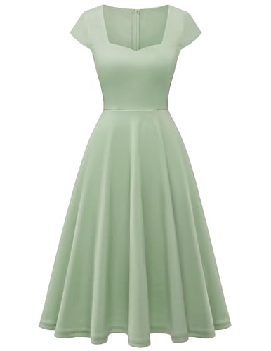 Berylove Cocktailkleid Damen Elegant Für Hochzeit Vintage Kleid Elegant mit Ärmeln Rockabilly Kleider Herzausschnitt Midi Abendkleid BLP8009 LightGreen 3XL von Berylove