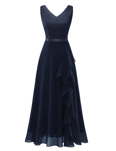 Berylove Cocktailkleid Damen Elegant V-Ausschnitt Chiffon Elegant Vokuhila Kleid Tüll Kleid Hochzeitskleid Ballkleider Damen Lange Abendkleider BLP7082 Navy S von Berylove