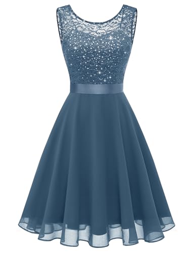 Berylove Cocktailkleid Damen Glitzer Kleid Hochzeitsgast Damen Knielang Abendkleider Elegant für Hochzeit Abendkleid Damen Elegant Blau Kleid Zur Hochzeit Gast BLP7005XP Grey Blue XL von Berylove
