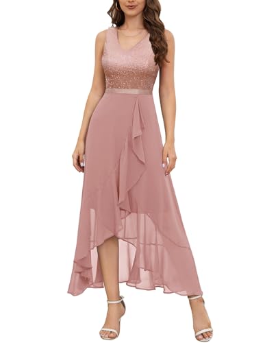 Berylove Cocktailkleid Damen Paillettenkleid Abendkleid Lang Elegant für Hochzeit Party Kleid Ballkleider Rosa BLS0015 Blush S von Berylove