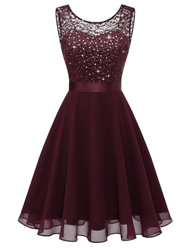 Berylove Cocktailkleid s Glitzer Kurz Elegant Kleid Knielang Damen Festlich Kleid für Hochzeitsgäste Jugendweiche Kleid Abschlusskleid BLP7005XP Burgundy XS von Berylove