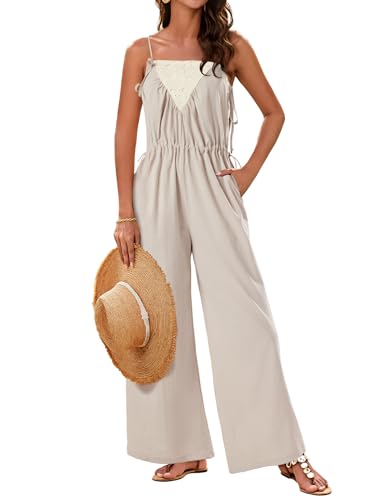 Berylove Damen-Jumpsuit 2025, Sommer, weites Bein, elegant, lässig, mit Spitzenbesatz, Overall mit Taschen, khaki, XL von Berylove