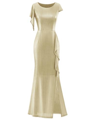 Berylove Damen Lange Abendkleider Glitzer Kleid Elegant Abiballkleider Lang Hochzeitskleid Ballkleider Lang BLS0020 Champagne 2XL von Berylove