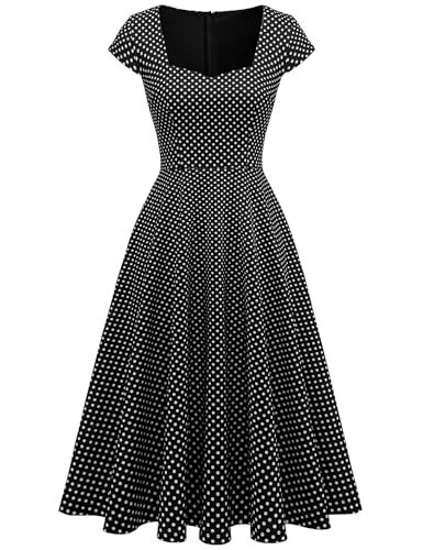 Berylove Damen Rockabilly Kleider Damen Vintage Herzausschnitt Abendkleider Lang Elegant Für Hochzeit BLP8009 BlackSmallWhiteDot XL von Berylove