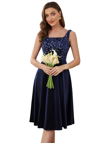 Berylove Damen Samtkleider Elegant Hochzeitskleid Mode Party Glitzerkleider Brautjungfernkleider Winter Neujahrskleider BLSR008 Navy S von Berylove