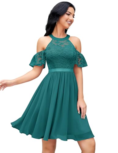 Berylove Abendkleider Elegant Cocktail Kleid Kleid Hochzeitsgast Damen Spitzenkleid Damen Chiffon Kleid Sommer Jugendweihe Kleider Brautkleid BLP7061 PeacockGreen 2XL von Berylove