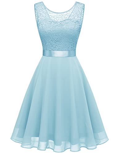 Berylove Damen Spitzenkleid Brautjungfer Elegant Party Knielang Cocktailkleid Chiffon Ärmellos BLP7005 B-Light Blue L von Berylove