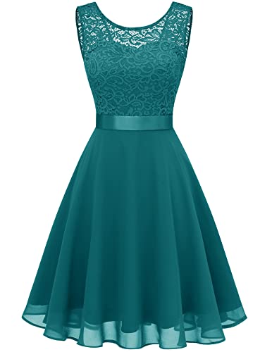 Berylove Damen Spitzenkleid Brautjungfer Elegant Party Knielang Cocktailkleid Chiffon Ärmellos BLP7005 B-Peacock Green XS von Berylove