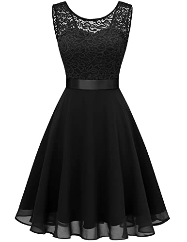 Berylove Damen Spitzenkleid Brautjungfer Elegant Party Knielang Cocktailkleid Chiffon Ärmellos BLP7005B-BlackM von Berylove