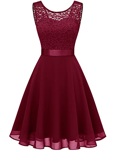Berylove Damen Spitzenkleid Brautjungfer Elegant Party Knielang Cocktailkleid Chiffon Ärmellos BLP7005B-DarkRed2XL von Berylove