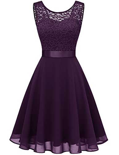Berylove Damen Spitzenkleid Brautjungfer Elegant Party Knielang Cocktailkleid Chiffon Ärmellos BLP7005B-GrapeL von Berylove