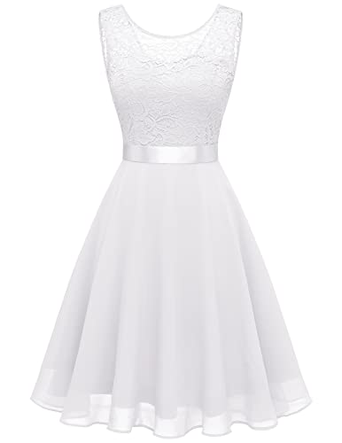 Berylove Damen Spitzenkleid Brautjungfer Elegant Party Knielang Cocktailkleid Chiffon Ärmellos BLP7005B-WhiteM von Berylove